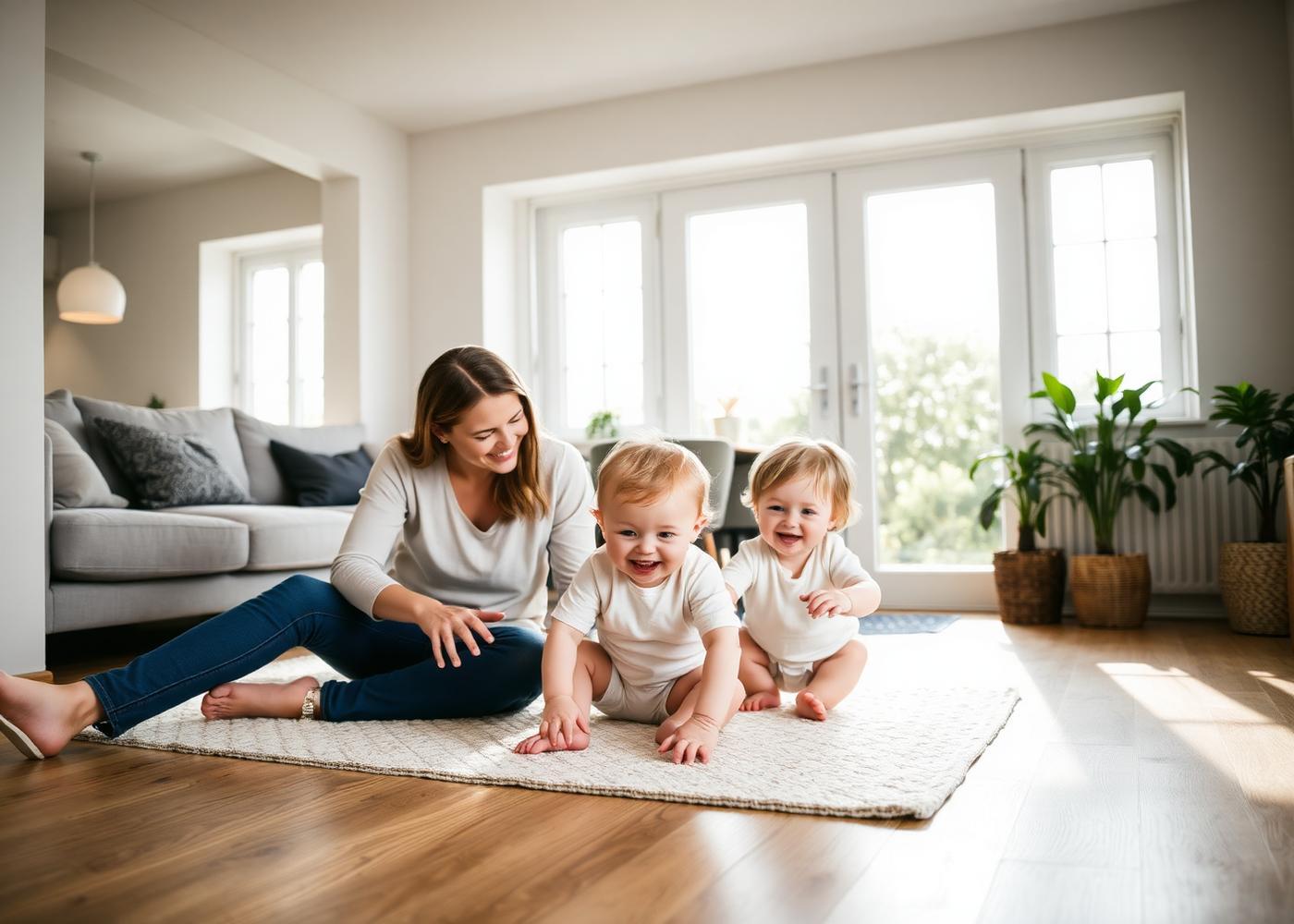 Mother playing with two young children on the floor of a safe, healthy home