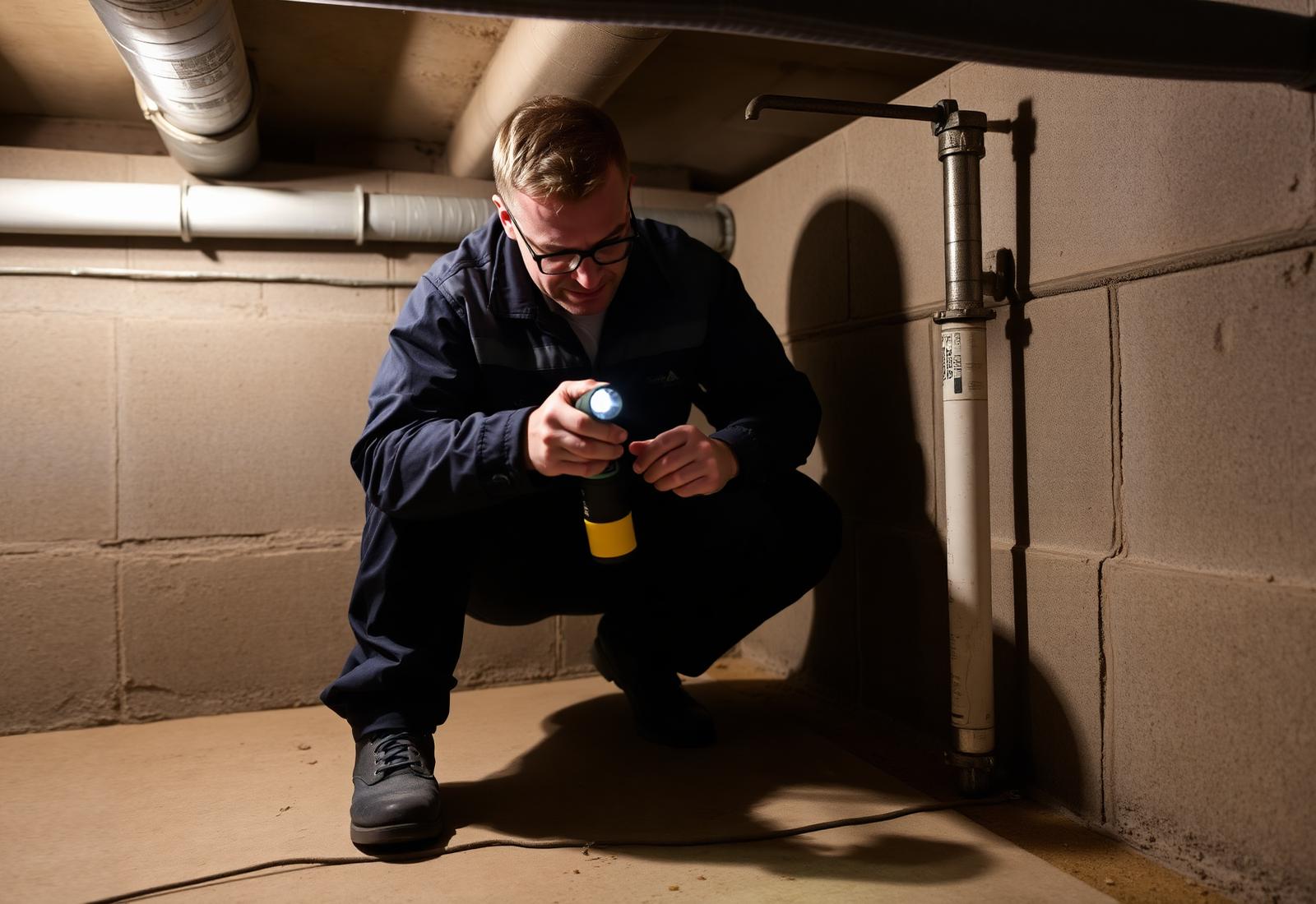 Technician inspecting a home's foundation and basement for radon entry points
